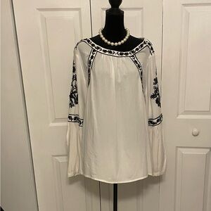 Chico's 2 L 12/14 Top Embroidered Beaded Boatneck LS Boho Top